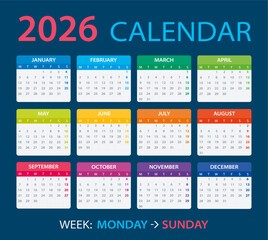 2026 Calendar - vector illustration, Week starts on Monday