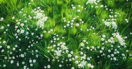 grassland with white flowers. upper view. japanese anime style.