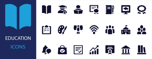 Flat Education Icons Set – School, Diploma, Student, Learning, Online Class