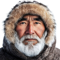Front view close-up of a Inuit man from Greenland isolated on a white transparent background