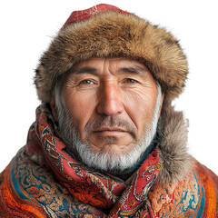 Front view close-up of a Kalmyk man from Russia isolated on a white transparent background
