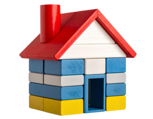 Colorful toy block house with red chimney on transparent background.