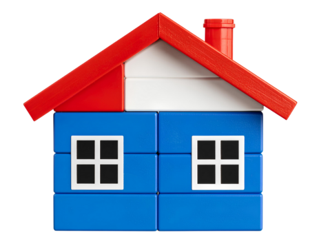 Colorful toy block house with red chimney on transparent background.