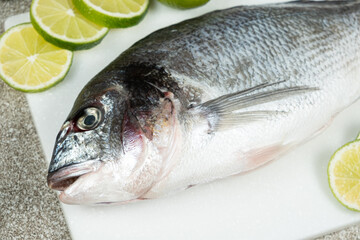 Raw Uncooked Dorado Fish with Fresh Sliced Lime Ready to Cook.