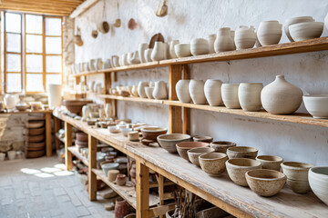 Fototapeta premium Pottery workshop interior with shelves full of handmade ceramic vases and bowls, natural daylight, 