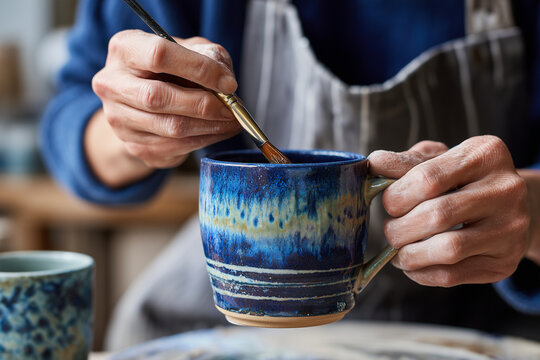 Artisan applying glaze to ceramic mug before firing, creative process, - Powered by Adobe
