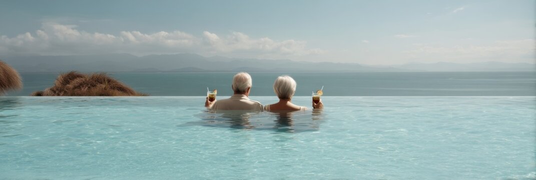 Elderly caucasian couple relaxing in infinity pool with scenic ocean view