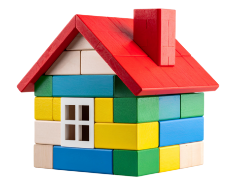 Colorful toy block house with red chimney on transparent background.