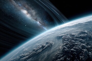 Fototapeta premium Stunning view of planet with rings and distant galaxy in the background from outer space