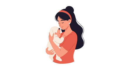 Mother Holding Newborn – Flat Vector Illustration of Young Mom Hugging Baby, Symbolizing Maternity and Love
