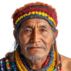 Front view close-up of a Kuna man from the San Blas Islands isolated on a white transpatent background