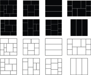 Grid and collage layout vector icons set, photo frames, mosaic, and template collection, solid and outline graphic group, editable design elements for creative, web, and decorative projects