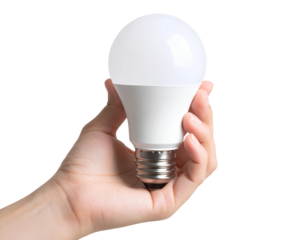 Hand holding burning light bulb. PNG.