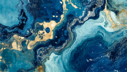 Abstract marble background watercolor paint in rich blue with golden veins
