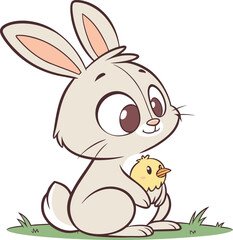 Cute Easter Bunny Holding Baby Chick on Grass – Whimsical Spring Cartoon Illustration for Holiday, Kids, Greeting Cards, and Festive Seasonal Designs