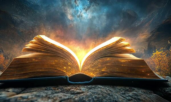 Illuminated ancient book on rocky terrain under starry night sky
