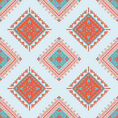Coral and Turquoise Geometric Diamond Pattern - Ethnic Tile Design