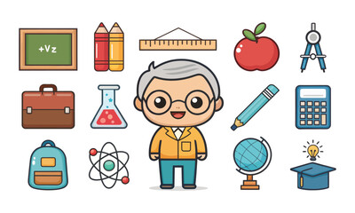 Back to school cartoon vector illustration set with school icons featuring kids people computers and business concepts