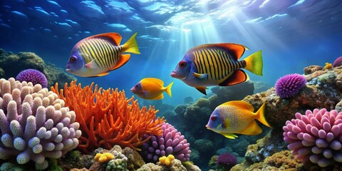 Fototapeta premium Vibrant Reef Scene Featuring Colorful Fish and Lush Coral Formations in a Sunlit Underwater Paradise