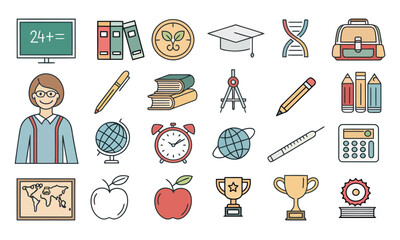 school icons vector set with education pencil bag and office symbols illustration