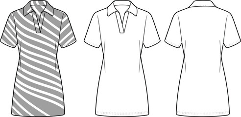 Technical flat sketch of women's polo shirt dress with collar and short sleeves, front and back views, fashion apparel vector illustration © merajul
