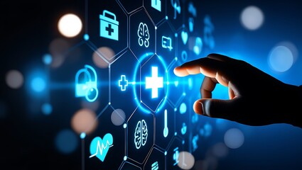 Human hand interacting with a digital interface of medical icons, Technological advancement in healthcare and medical services symbolized by interface, hand