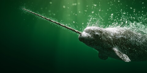 Narwhal swimming underwater with bubbles and light rays