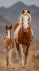 Obraz premium Mother horse and her foal walking together in a serene landscape at sunset in a natural setting