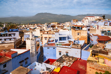 View from above of the houses of Chefchaouen, Morocco. The blue city