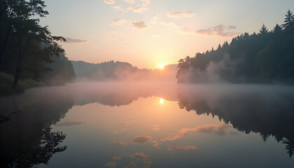 Sunrise Over Misty Lake Surrounded by Forest Trees Landscape