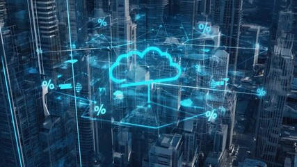 Aerial view of a modern cityscape with digital cloud computing graphics overlaying buildings - Powered by Adobe
