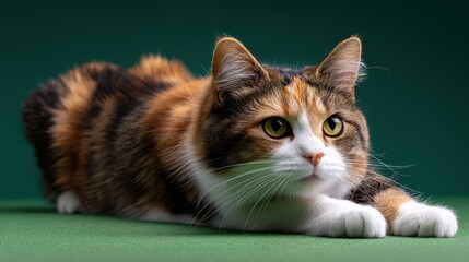 A calico cat is poised and alert, stretching low against a green backdrop, showcasing its striking fur patterns and expressive eyes.