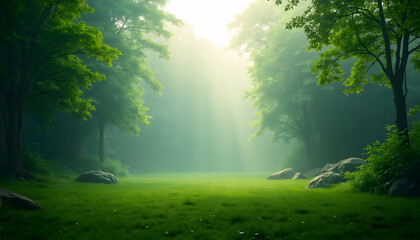 Obraz premium Sunlight Streaming Through Green Forest Clearing