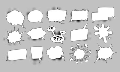 Obraz premium Cartoon speech balloon. Comic bubble halftone. Pop art exclamation. Retro dialog cloud, message sound, talking comic effect. Empty frame or banner with copy space. Vector communication isolated frame