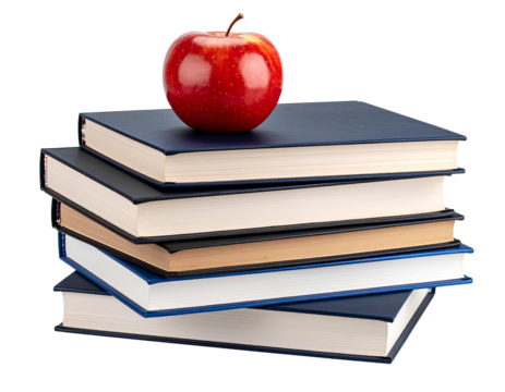 Red Apple on Stack of Books Education Learning Image isolated on transparent background.