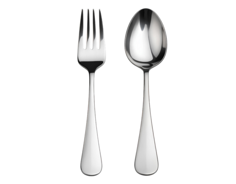 Shiny stainless steel fork and spoon set, isolated on transparent background.