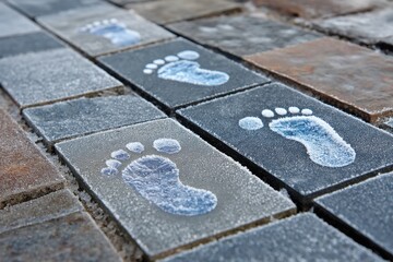 Unique frost-covered footsteps on a stone pathway in a winter landscape
