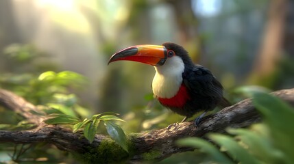 Obraz premium Colorful Toucan Perched on a Branch in Lush Green Forest Setting
