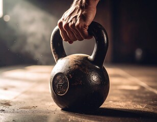 Close-Up of Hand Gripping Kettlebell in Dusty Gym with Moody Lighting