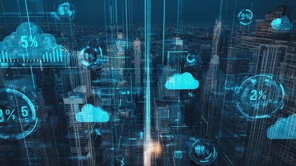 Aerial view of a futuristic cityscape with digital data overlays and cloud icons at night - Powered by Adobe