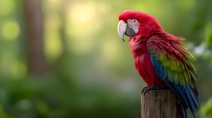 Obraz premium Vibrant Scarlet Macaw Perched on a Post in Lush Green Environment