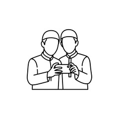 Two people looking at a smartphone together single line drawing