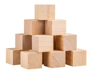 Wooden blocks in a pyramid arrangement, showcasing varied wood textures and natural tones. PNG format.