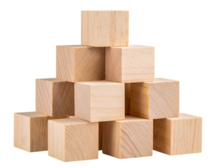 Wooden blocks in a pyramid arrangement, showcasing varied wood textures and natural tones. PNG format.