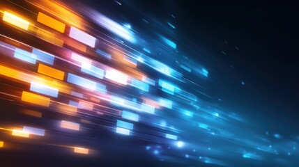 Vibrant streaks of colored light create a dynamic abstract background, evoking energy and movement in a digital space.