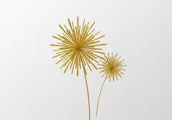 Two golden abstract starburst flowers on thin stems against a white background