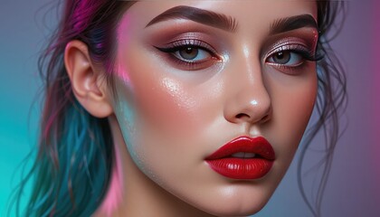 Close up portrait of a woman with dramatic makeup and glossy red lips under neon lighting effect