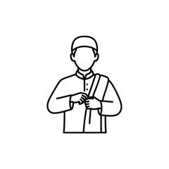 Line art outline of a man with a backpack adjusting his strap