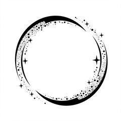 Circular celestial frame with stars and sparkling dots in black and white