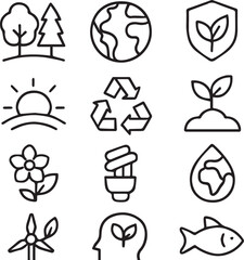 Environment icon collection. Minimalist editable vector stroke.line art vector illustration. Forest vector line icon set. Pictograms of energy, forest, al, ecosystem 